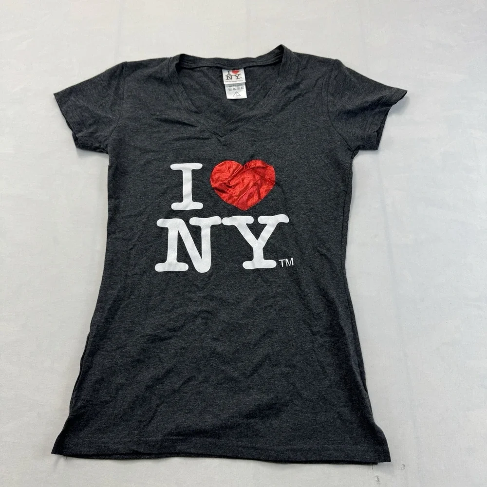 I Love NY Girls Size Large Gray V-Neck Graphic T-Shirt NYC Souvenir Tee